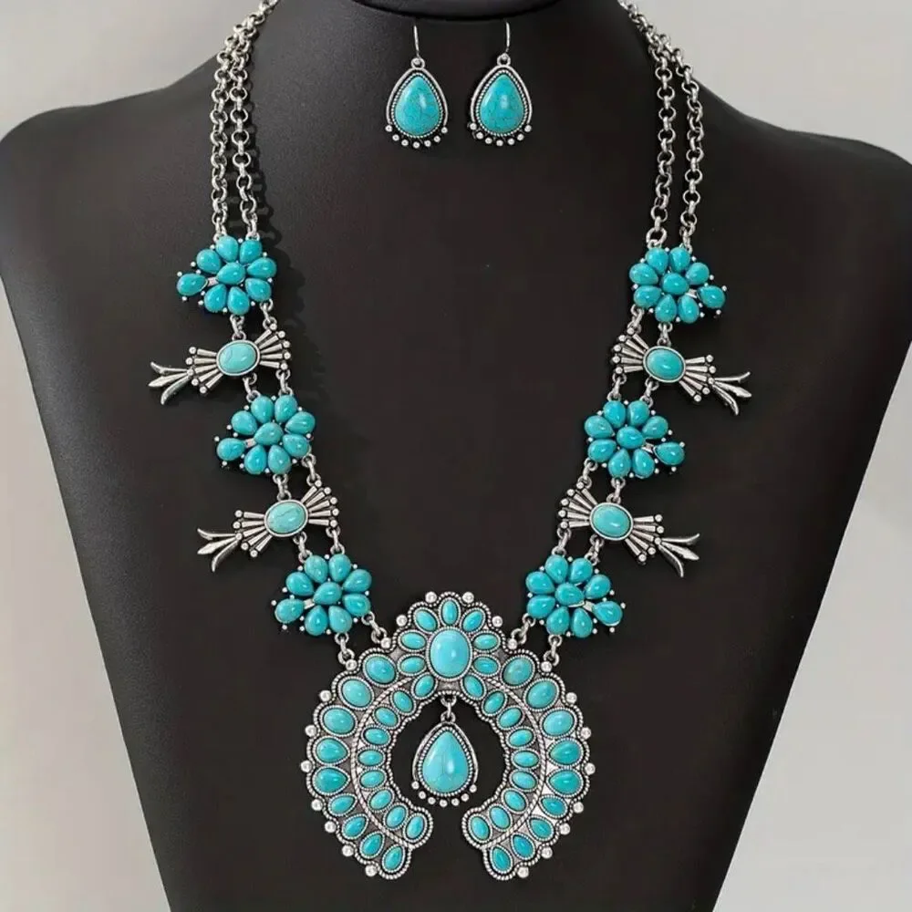 Southwestern Turquoise & Silver Necklace Set Naja Pendant Matching Earrings